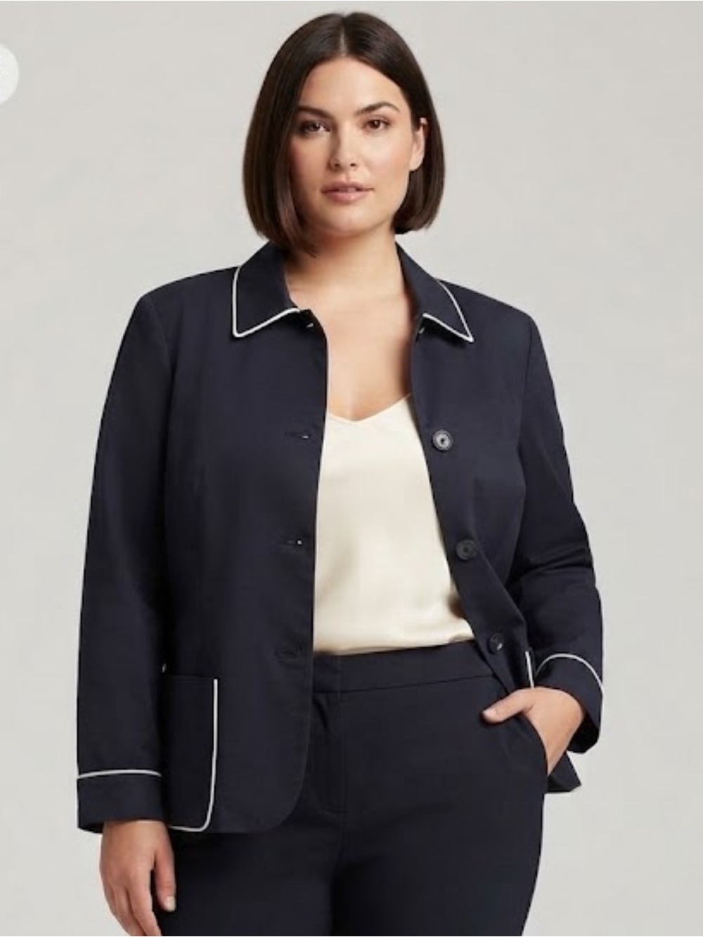 NWT Vintage Ann Klein Cotton Navy Blue Blazer White Trim